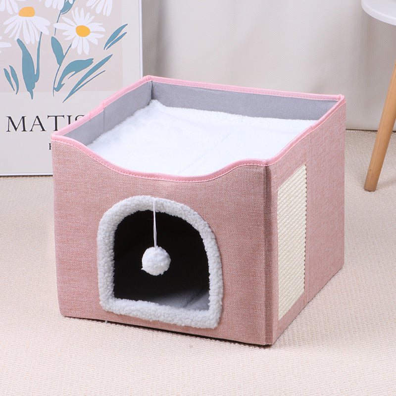 2-in-1 Foldable Cat House & Lounge Bed with Scratching Board, Washable Cushion & All-Season Comfort