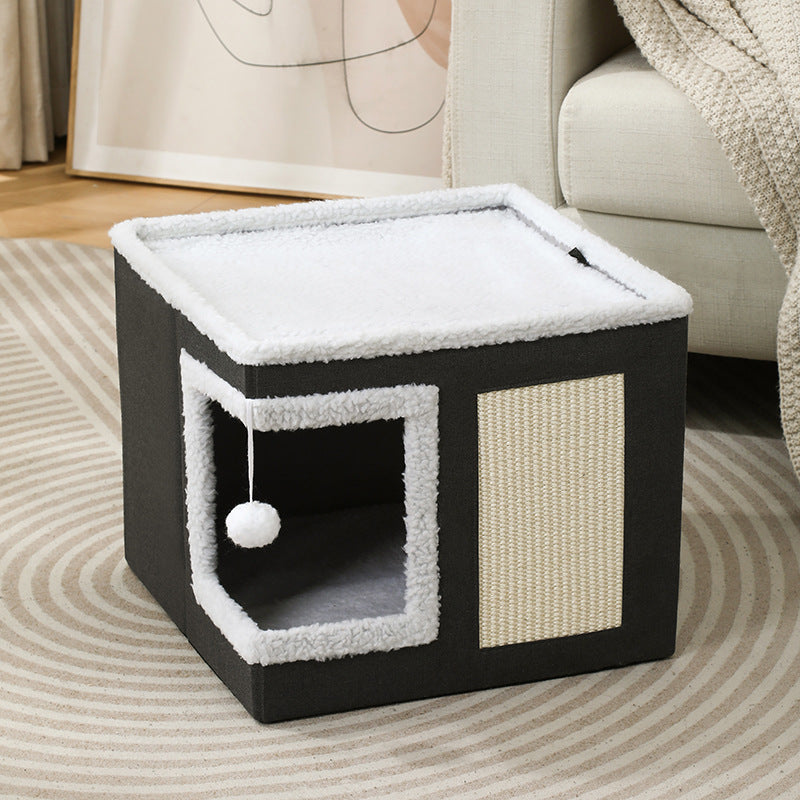 2-in-1 Foldable Cat House & Lounge Bed with Scratching Board, Washable Cushion & All-Season Comfort