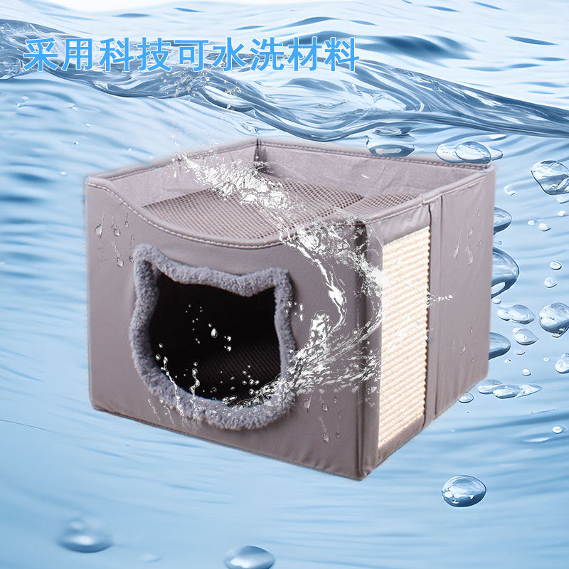 2-in-1 Foldable Cat House & Lounge Bed with Scratching Board, Washable Cushion & All-Season Comfort