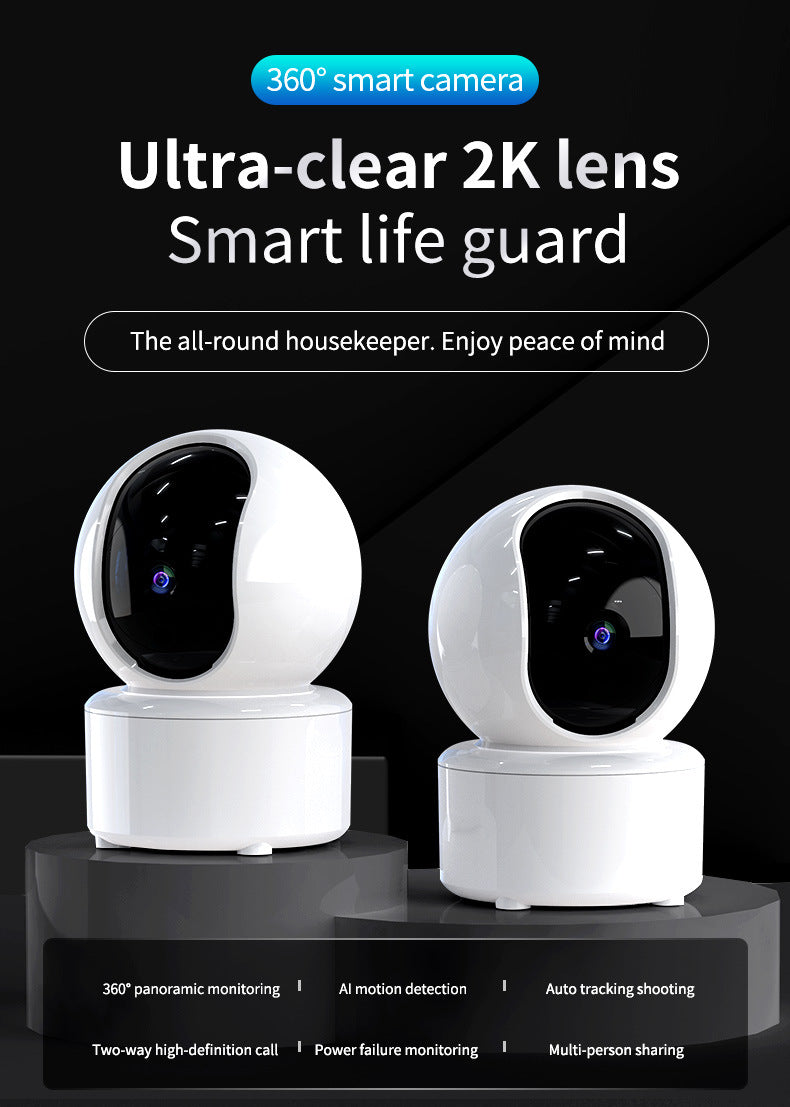 Telecamera di sicurezza smart WiFi a 360° con visione nitida 2K, visione notturna, tracciamento del movimento e monitoraggio remoto tramite app