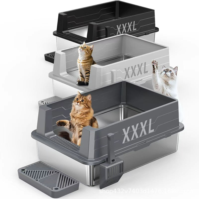 XXXL Open Stainless Steel Cat Litter Box with High Splash Guard, Easy-Clean Tray & Spacious Design
