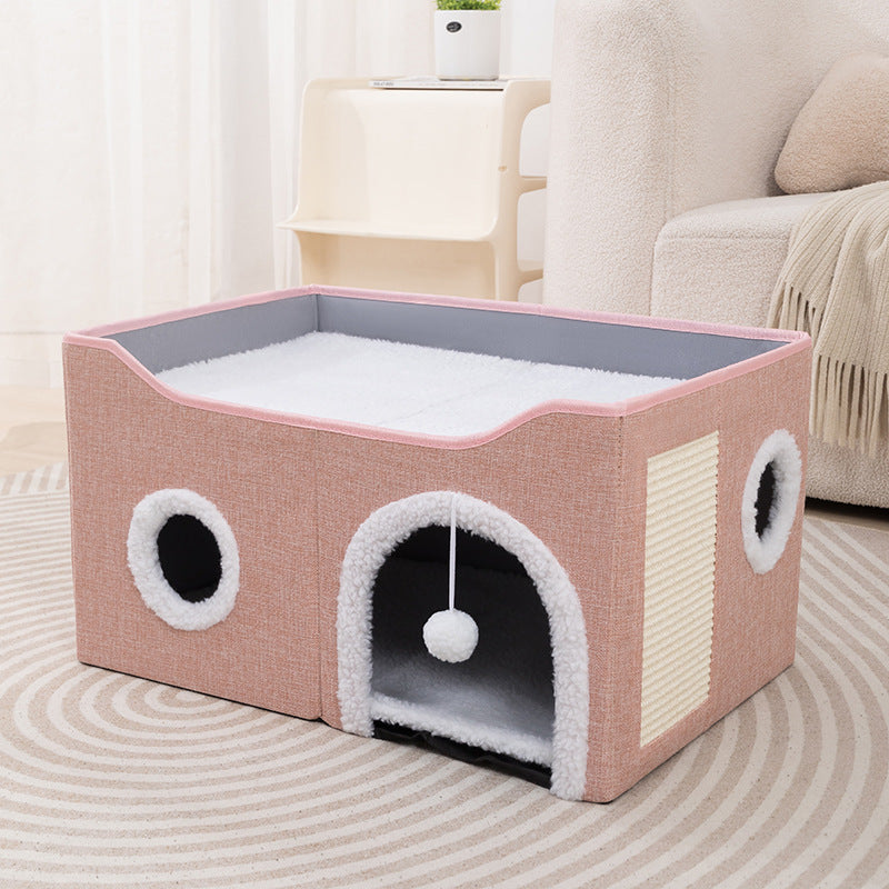2-in-1 Foldable Cat House & Lounge Bed with Scratching Board, Washable Cushion & All-Season Comfort