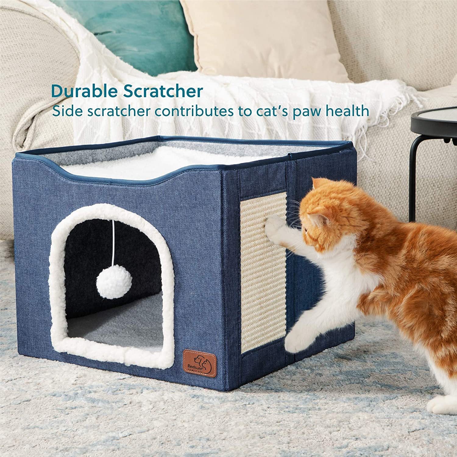 2-in-1 Foldable Cat House & Lounge Bed with Scratching Board, Washable Cushion & All-Season Comfort