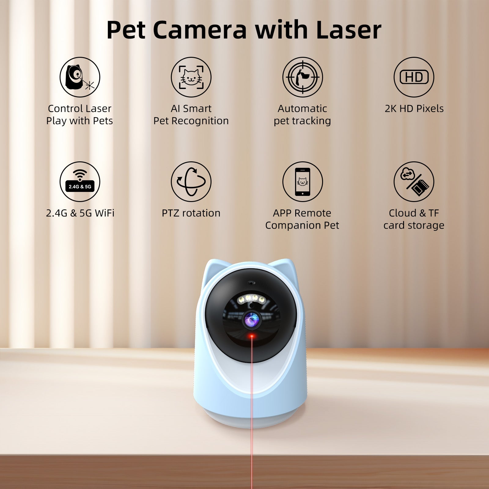 3MP Smart Pet Camera with Laser Toy, App Control, AI Pet Tracking & Wide-Angle Pan/Tilt Monitoring