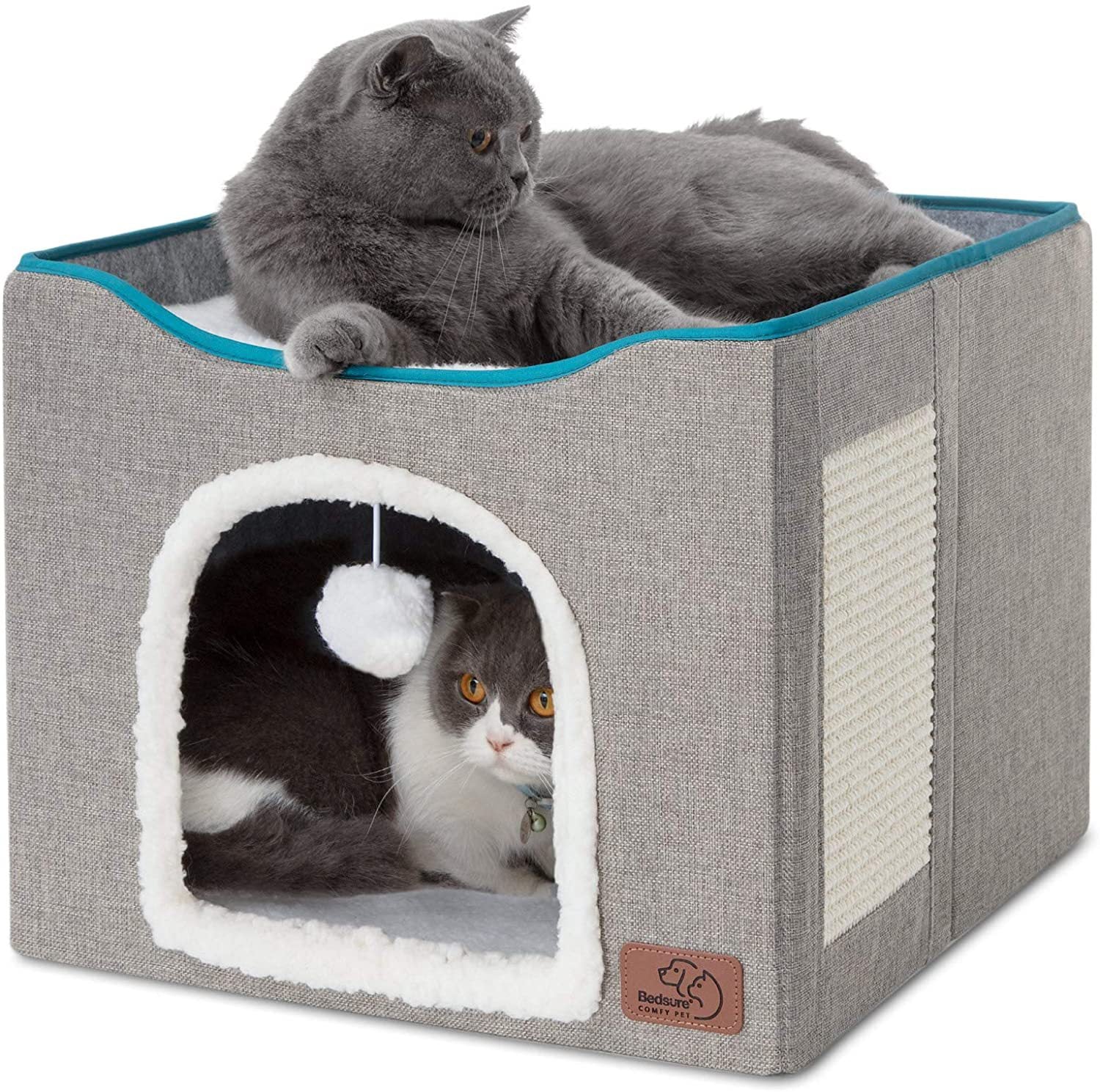2-in-1 Foldable Cat House & Lounge Bed with Scratching Board, Washable Cushion & All-Season Comfort