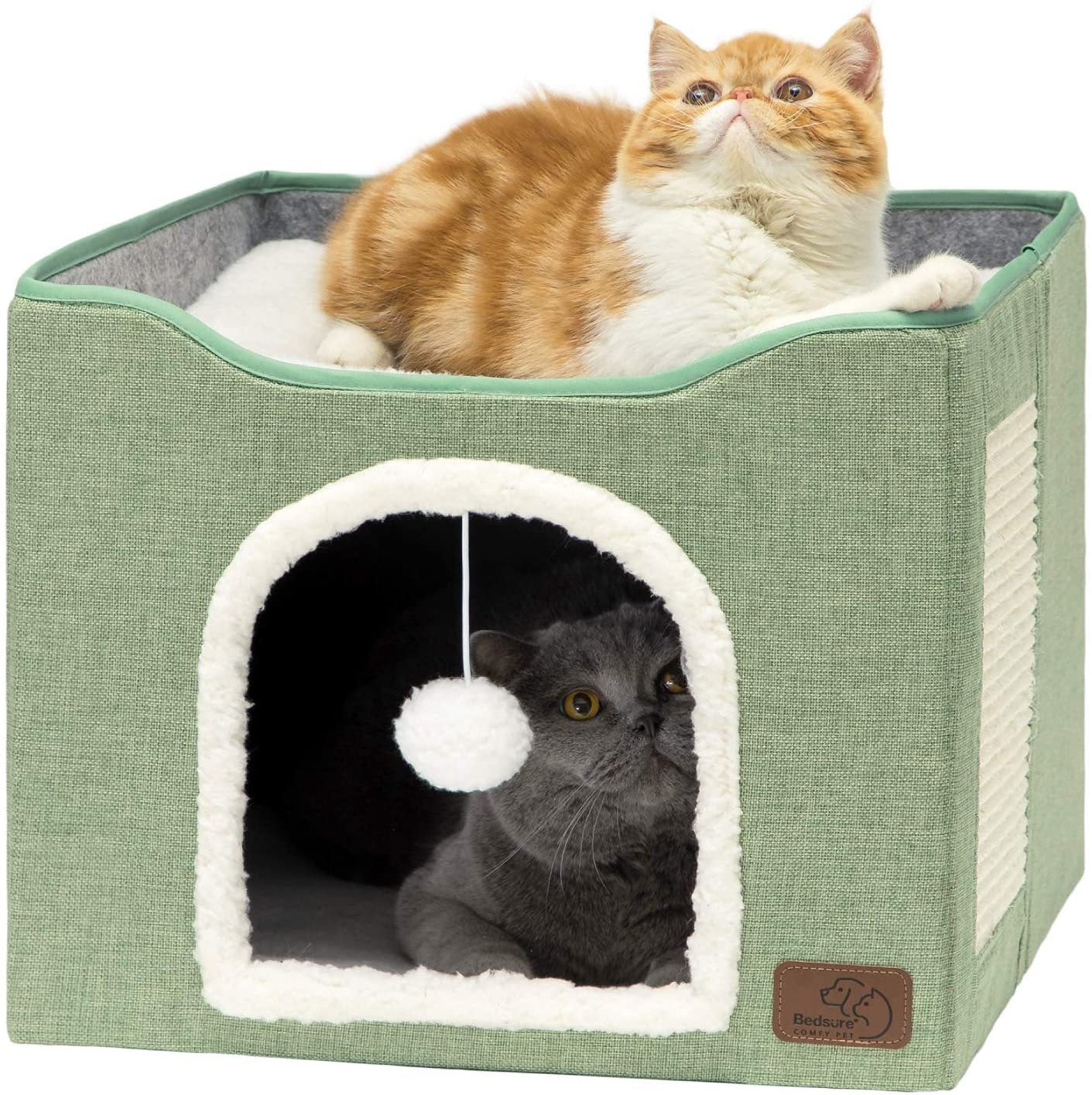 2-in-1 Foldable Cat House & Lounge Bed with Scratching Board, Washable Cushion & All-Season Comfort