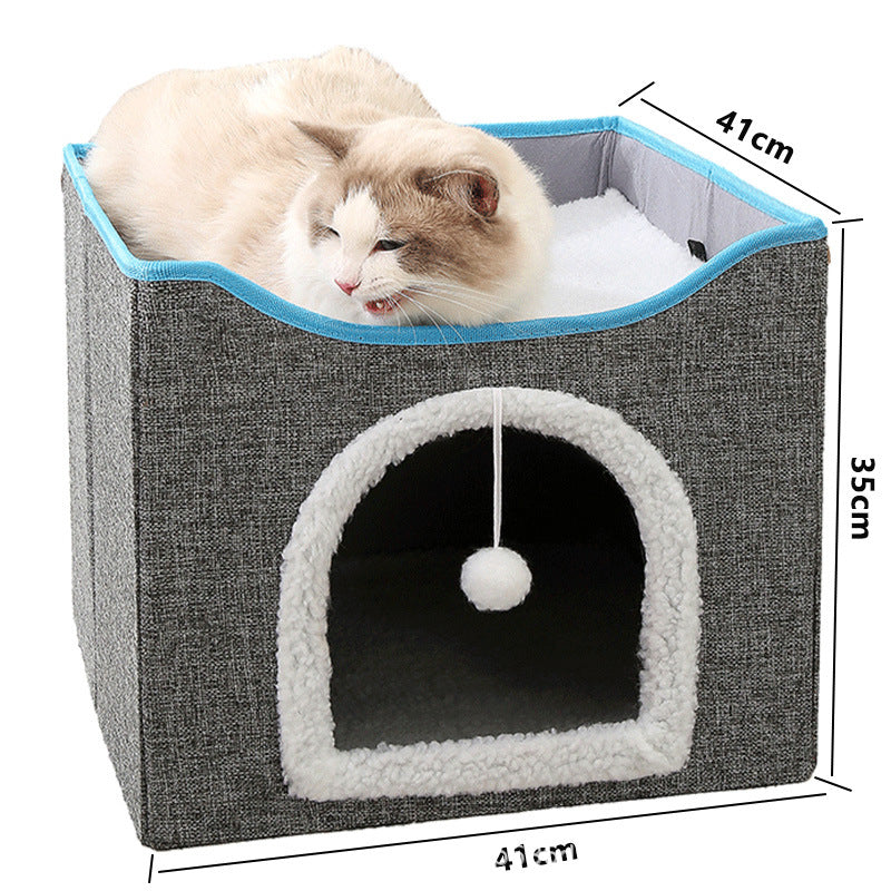 2-in-1 Foldable Cat House & Lounge Bed with Scratching Board, Washable Cushion & All-Season Comfort