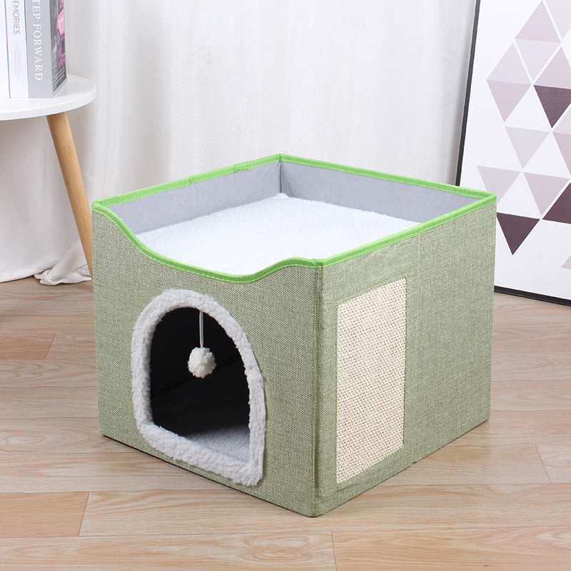 2-in-1 Foldable Cat House & Lounge Bed with Scratching Board, Washable Cushion & All-Season Comfort