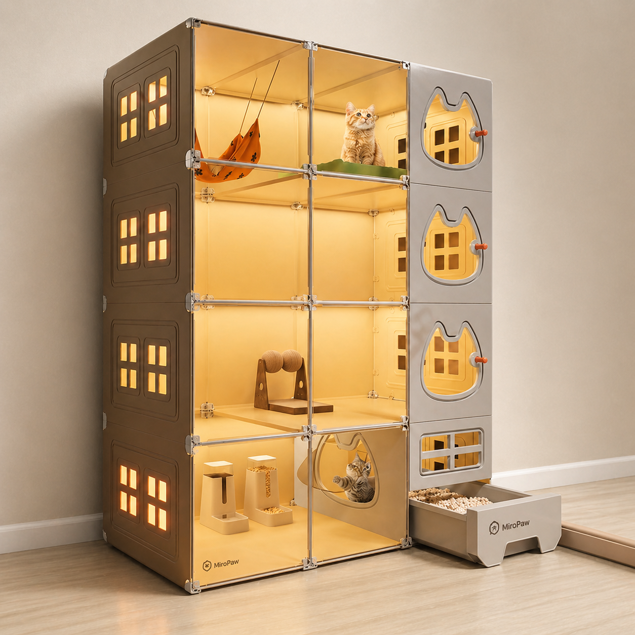 All-in-One Modular Cat Villa with Built-In Litter Box, Multi-Level Play Space & Escape-Proof Doors