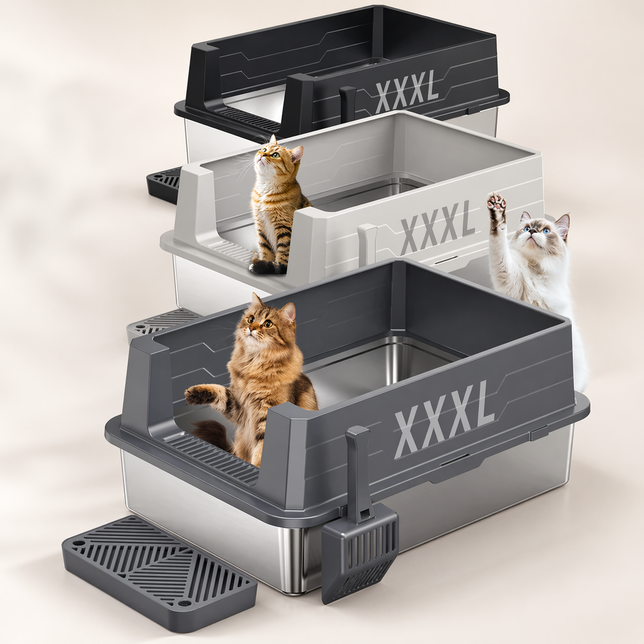 XXXL Open Stainless Steel Cat Litter Box with High Splash Guard, Easy-Clean Tray & Spacious Design