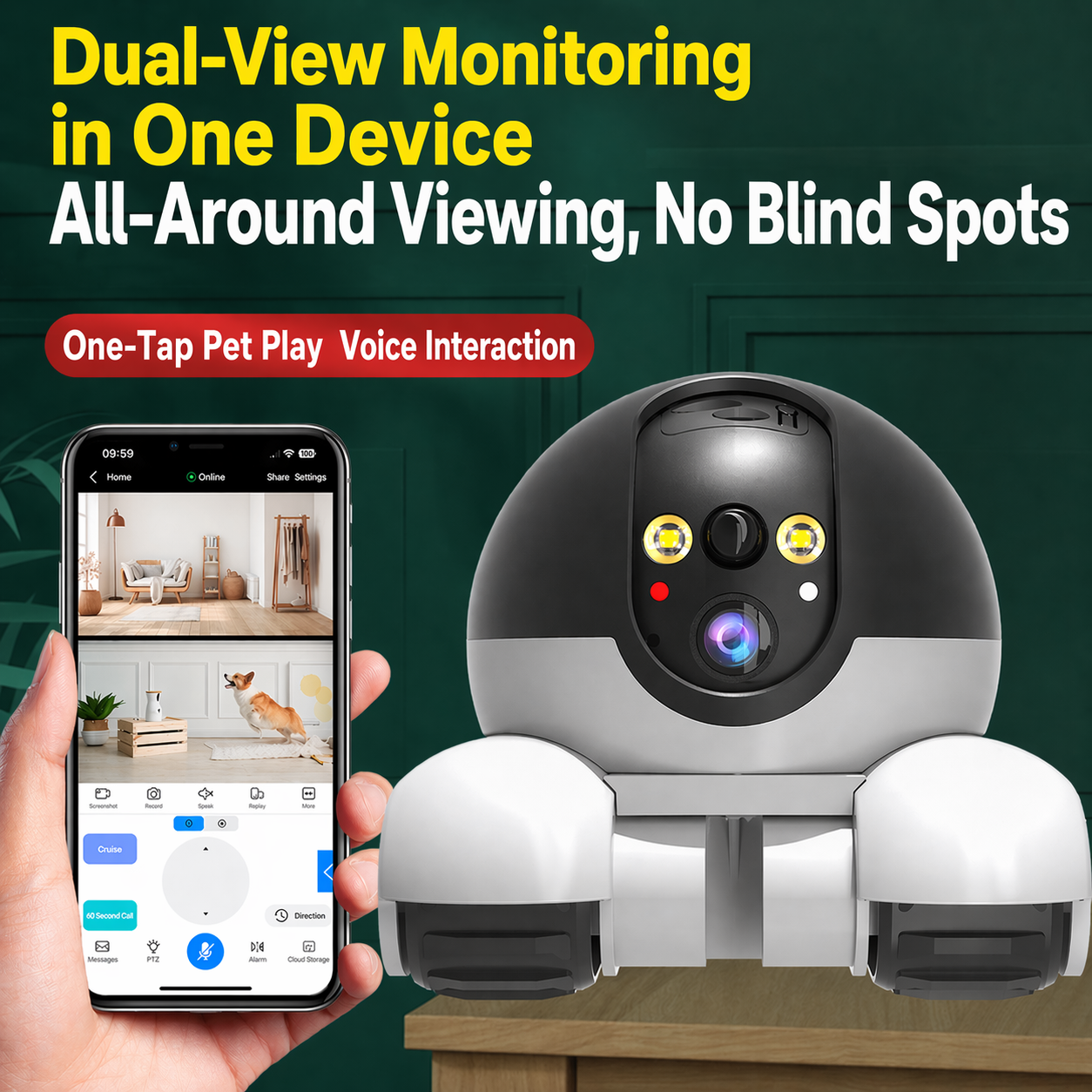 Dual-Lens Smart Patrol Camera with App Remote Control, Motion Tracking, Two-Way Audio & Long-Lasting Battery