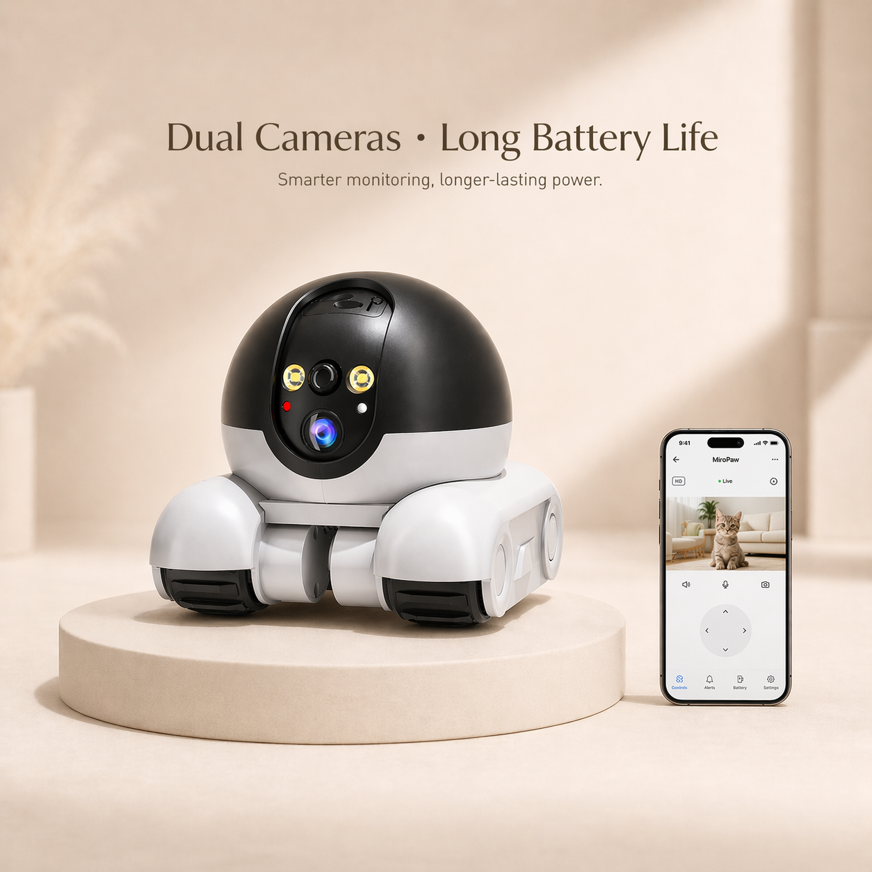 Dual-Lens Smart Patrol Camera with App Remote Control, Motion Tracking, Two-Way Audio & Long-Lasting Battery