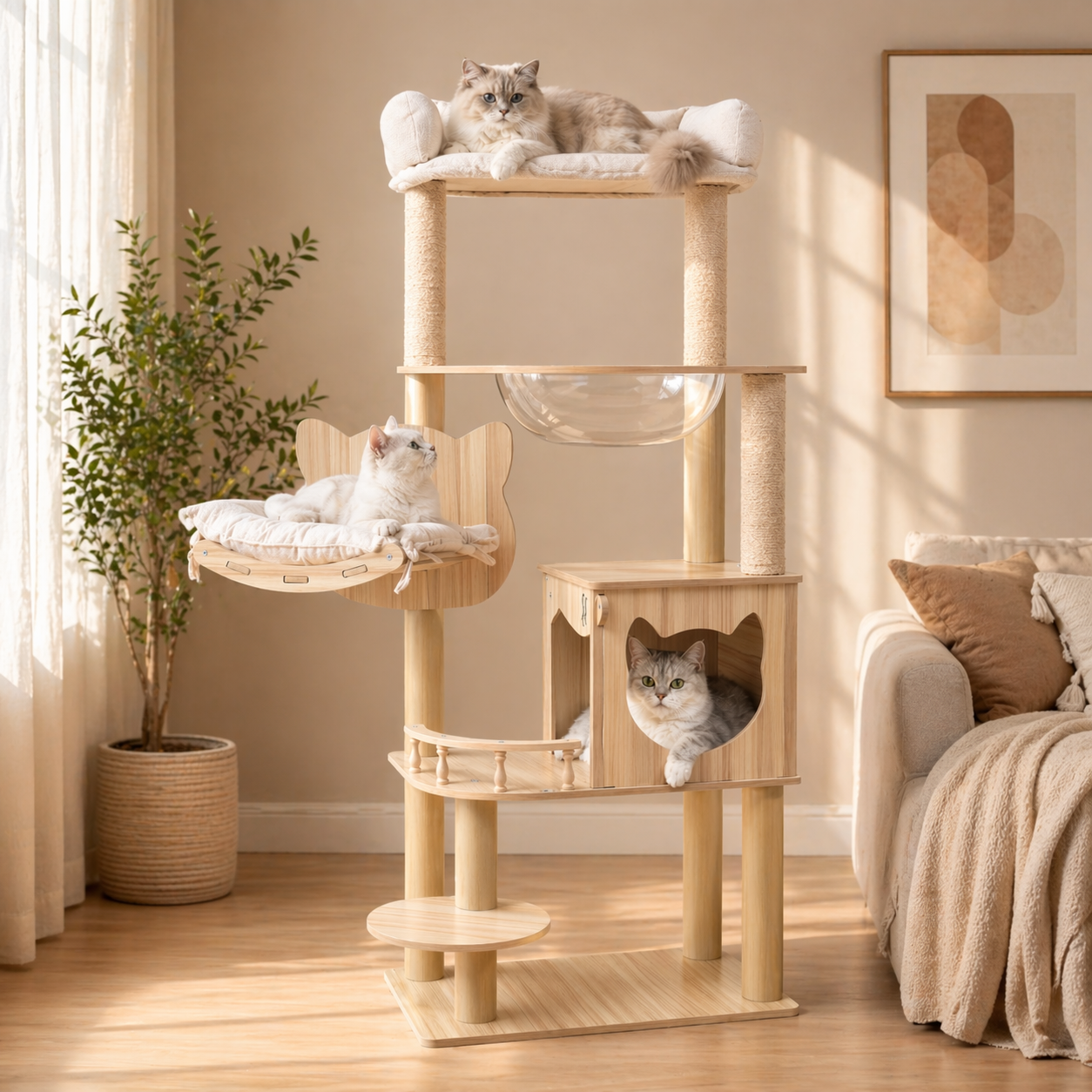Modern Multi-Level Cat Tree with Plush Top Bed, Transparent Space Pod, Condo & Scratching Posts