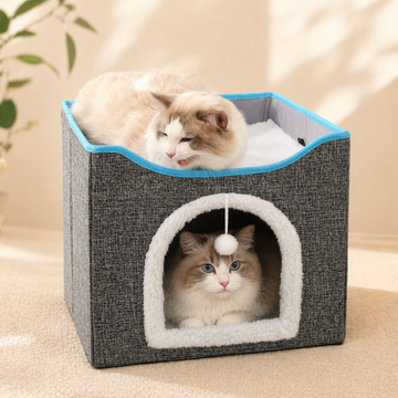2-in-1 Foldable Cat House & Lounge Bed with Scratching Board, Washable Cushion & All-Season Comfort