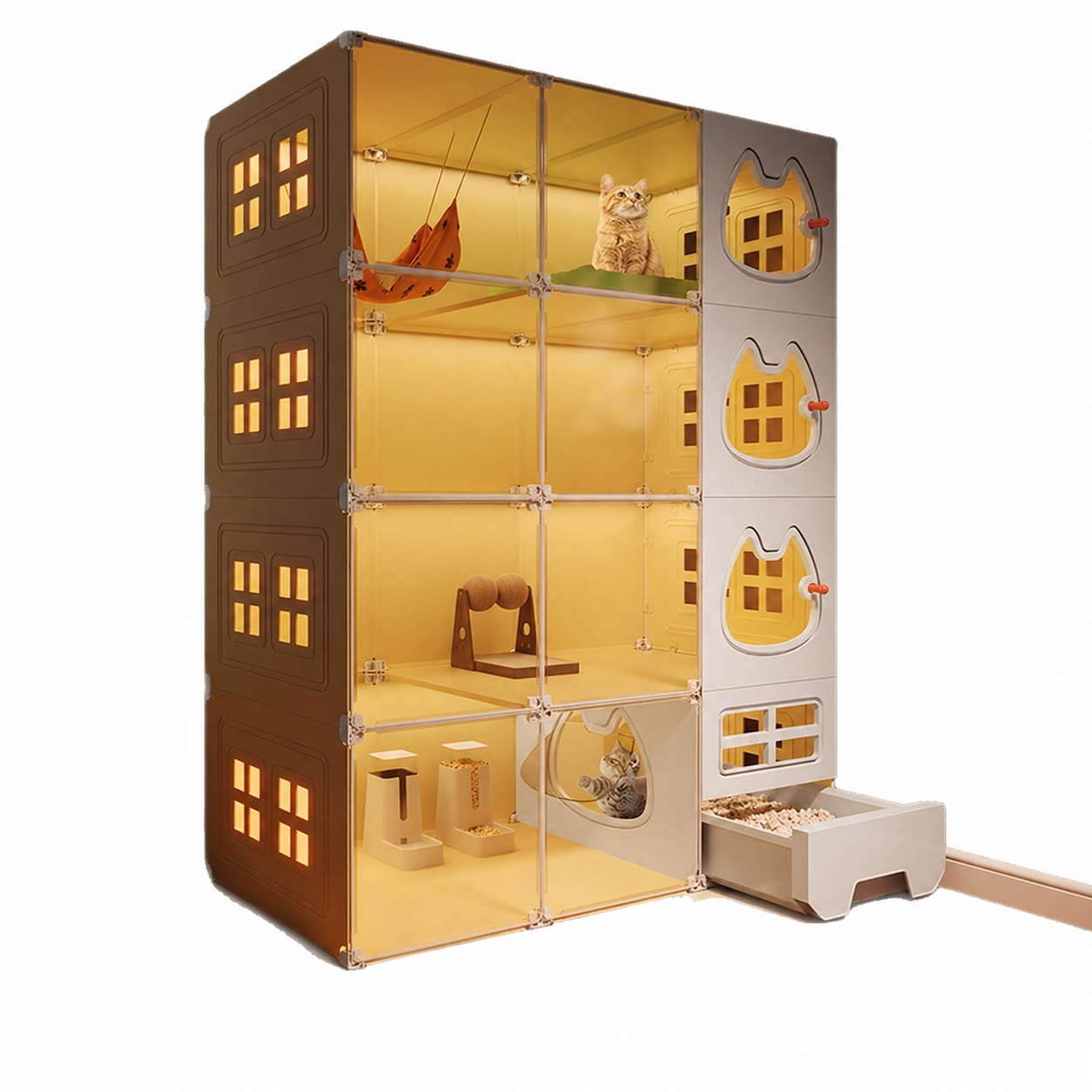All-in-One Modular Cat Villa with Built-In Litter Box, Multi-Level Play Space & Escape-Proof Doors