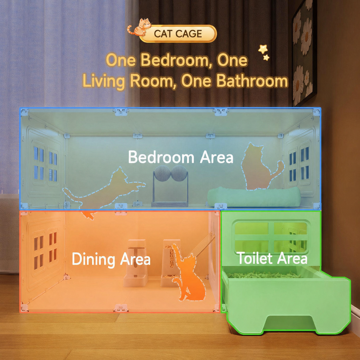 All-in-One Modular Cat Villa with Built-In Litter Box, Multi-Level Play Space & Escape-Proof Doors