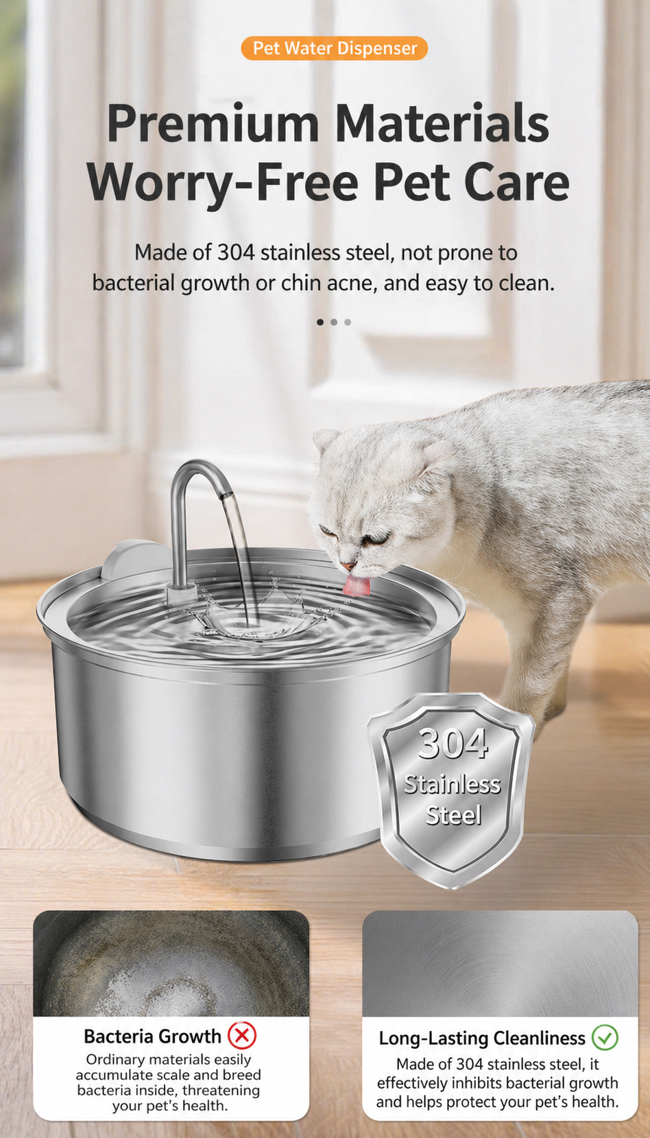 8L Stainless Steel Cat Water Fountain with Quiet USB Pump & Multi-Layer Filtration