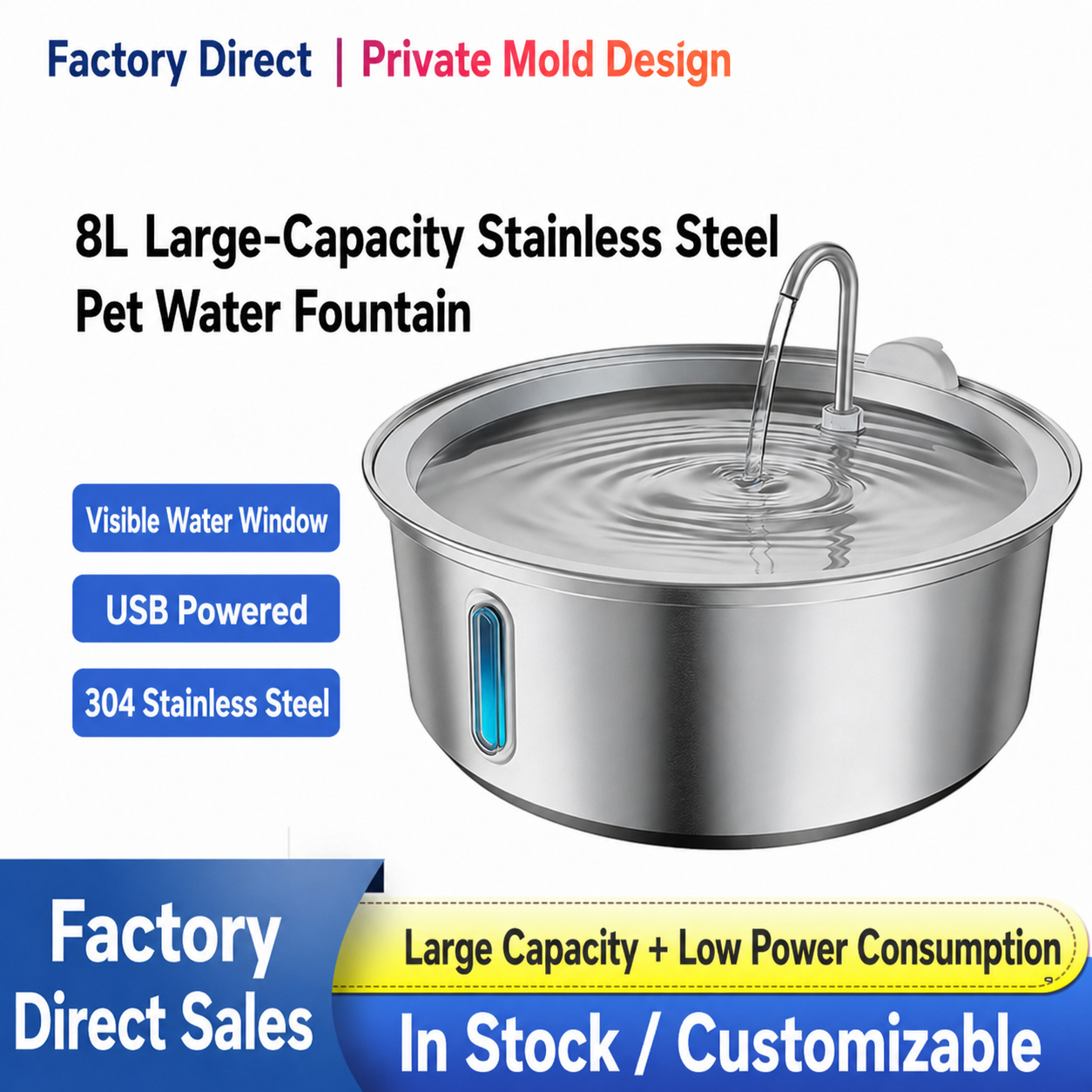 8L Stainless Steel Cat Water Fountain with Quiet USB Pump & Multi-Layer Filtration