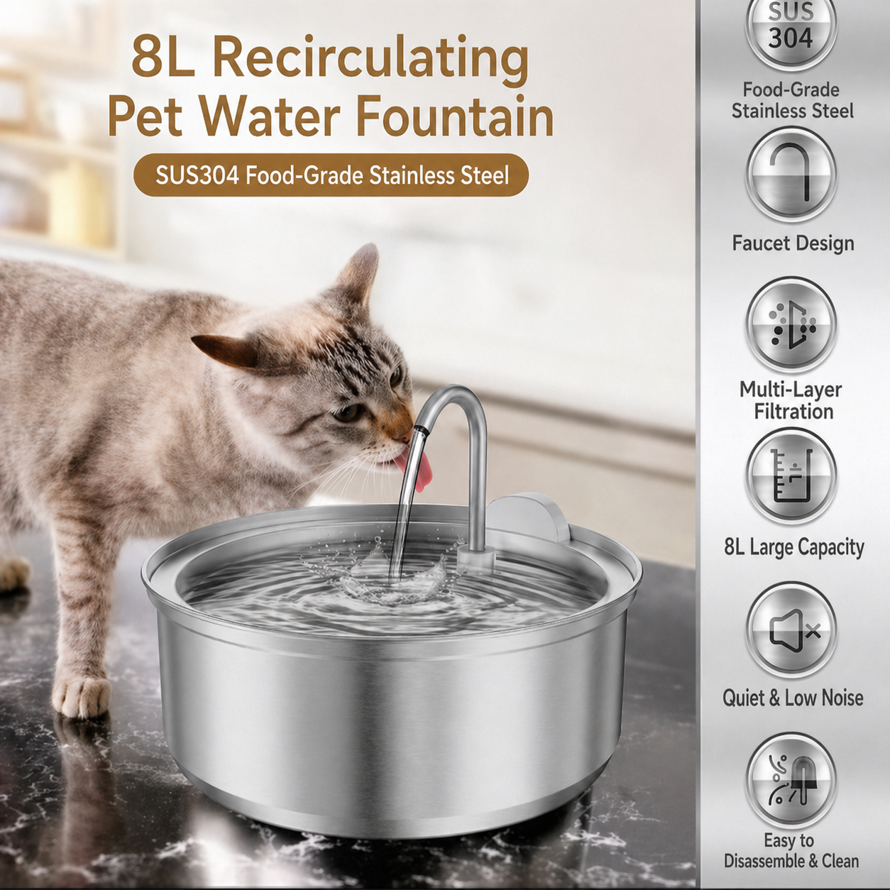 8L Stainless Steel Cat Water Fountain with Quiet USB Pump & Multi-Layer Filtration