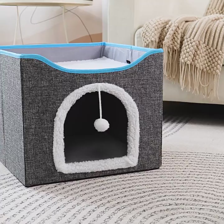 2-in-1 Foldable Cat House & Lounge Bed with Scratching Board, Washable Cushion & All-Season Comfort