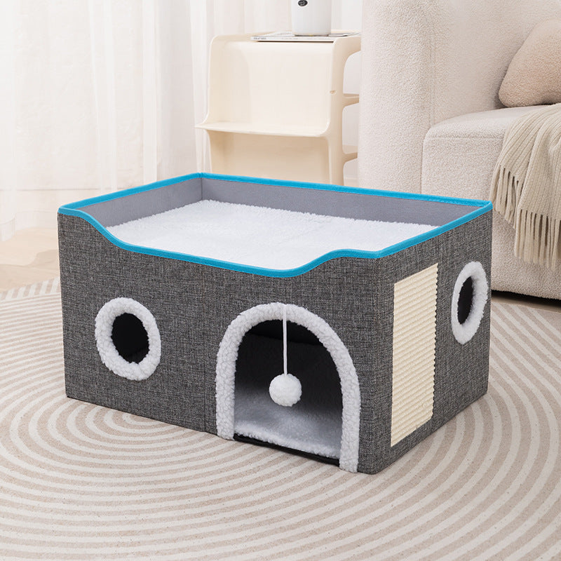 2-in-1 Foldable Cat House & Lounge Bed with Scratching Board, Washable Cushion & All-Season Comfort