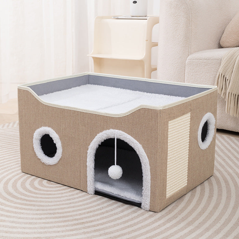 2-in-1 Foldable Cat House & Lounge Bed with Scratching Board, Washable Cushion & All-Season Comfort