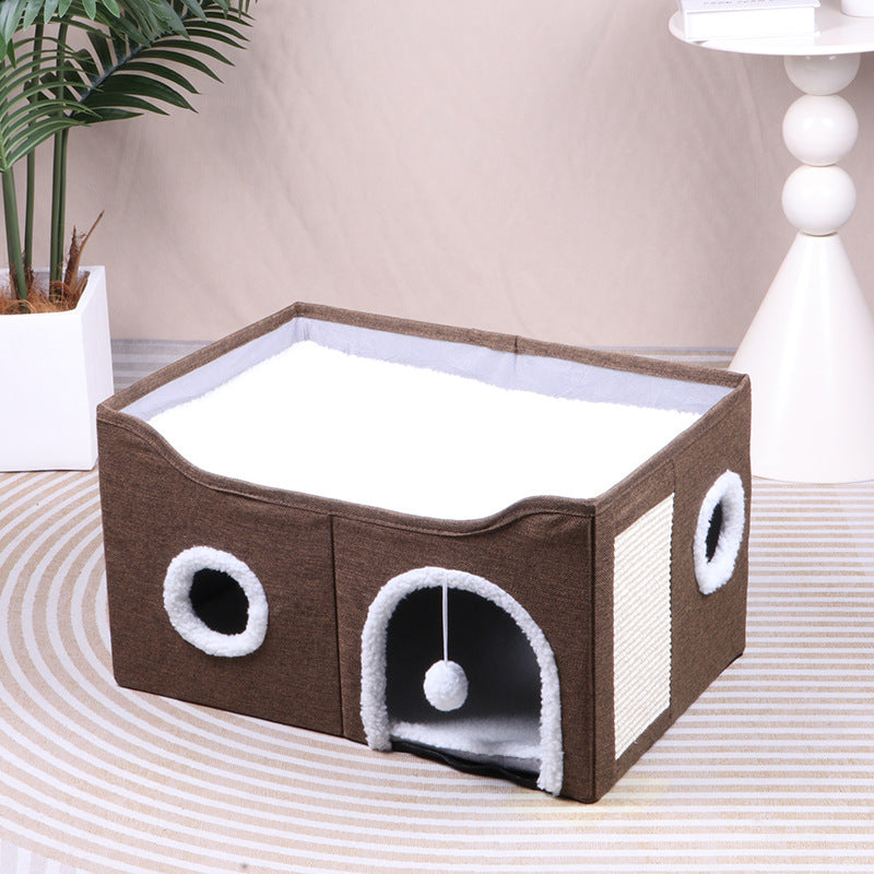 2-in-1 Foldable Cat House & Lounge Bed with Scratching Board, Washable Cushion & All-Season Comfort