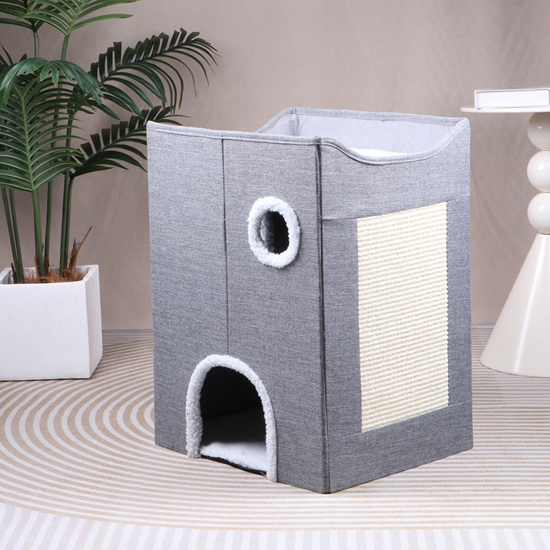 2-in-1 Foldable Cat House & Lounge Bed with Scratching Board, Washable Cushion & All-Season Comfort