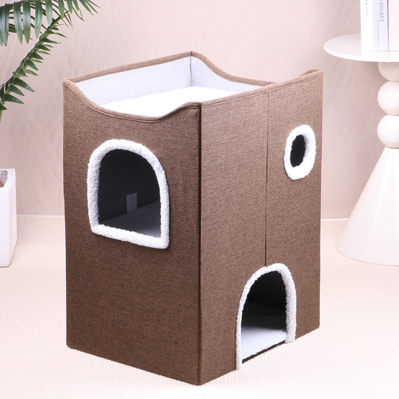 2-in-1 Foldable Cat House & Lounge Bed with Scratching Board, Washable Cushion & All-Season Comfort